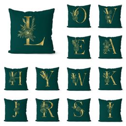 Pillow Case Luxury Green Cushion Cover Gold Colour Letter Alphabet Sofa 45x45cm Square Polyester Bedroom Waist Decor