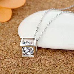 Necklaces 925 Silver Plated Women Zircon Clavicle Chain Jewellery Fashion Love Cube Pendant Length 45CM with box 09wP#