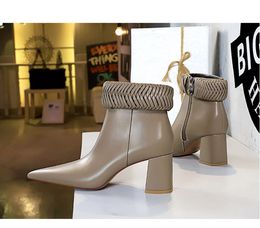 Sexy Nightclub Slim Thick Heel High Heel Pointed Knitted Belt Lapel Side Zipper Short Boots Women's Boots with box 525852