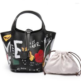 Evening Bags 2022 Hand Painting Letters Genuine Leather Bucket Bag Shoulder Extra Large Crossbody Casual Handbag For Young Girl