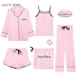 Women's Sleepwear JULY'S SONG Pink 7 Pieces Women's Pajamas Sets Faux Silk Striped Pyjama Women's Pajamas Sleepwear Sets Spring Summer Homewear 220913