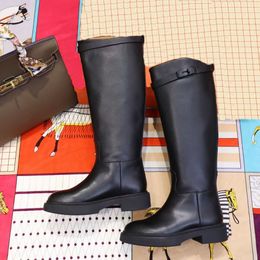 Women's designer shoes long boots fashion leather elastic boot buckle thick heel toe embroidery ankle luxury walking party box 35-41