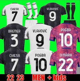 Camisas de futebol jogador 2022 Juventus Soccer Jersey Di Maria Vlahovic Pogba Chiesa Locatelli Men Kids Uniforme
