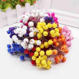 Faux Floral Greenery 20Pcs40 Heads 1Cm Mini Fake Fruit Small Double Heads Berries Artificial Flower Cherry Flour Threads Wedding Christmas Decorative J220906