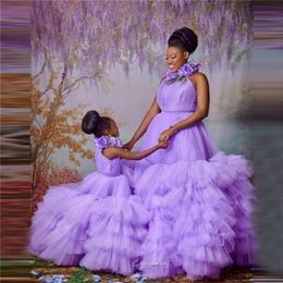 Family Matching Outfits Elegant Lavander Mom And Me Tulle Dresses For Po Shoot Sleeveless Halter Ruffles Pleated Ball Gown Mmother And Daughter G 220914