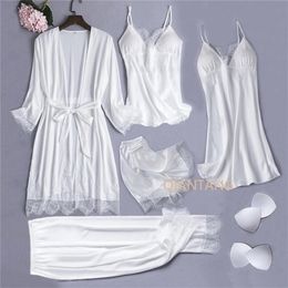 Women's Sleepwear White Silk Pajamas Set Women 5PCS Bride Wedding Robe Nightgown Sexy Lace Chemise Sleepwear Kimono Bathrobe Gown Lingerie 220913