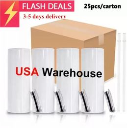 USA Warehouse 20oz Blanks Sublimation Tumbler Stainess Steel Coffee Tea Mugs Insulted Water Cup With Plastic Straw And Lid GJ02