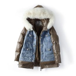 Womens Down Parkas womens short stitching denim real fur collar white duck down jacket coat big fur collar coat fashion casual 220914