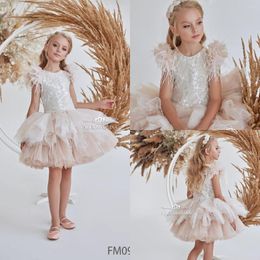 short blush tulle dress Australia - Girl Dresses Blush Pink Feather 2022 Flower For Wedding Layered Tulle Short Lace Beaded Kids Ball Gown Pageant Girls