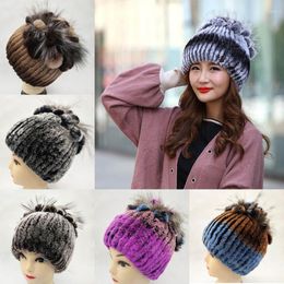 Berets Winter Real Fur Caps Rex Hats For Women Female Kniting Warm Snow Cap Ladies Elegant Princess Beanies Knitted Hat