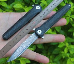 1Pcs M6671 Flipper Folding Knife VG10 Damascus Steel Blade Carbon Fiber Handle Ball Bearing Fast Open EDC Pocket Knives