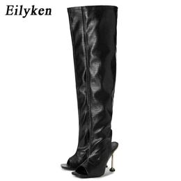 Stiefel Eilyken Neues Design Weiß Schwarz Peep Toe Overknee Stiefel Fashion Runway Sexy Zip Womans Cut Out Dünne High Heels Schuhe 220913