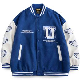 Men's Jackets Hip Hop Men Varsity Jacket Japan Style Harajuku Vintage Loose Baseball Uniform Couple PU Patchwork Colour Matching Winter Jackets T220914