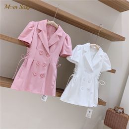 Family Matching Outfits Fashion Family Matching Mom Daughter Suit Jacket Short Sleeve Waist Belt Jacket Spring Summer Coat Outwear Baby Clothes 2-10Y 220914