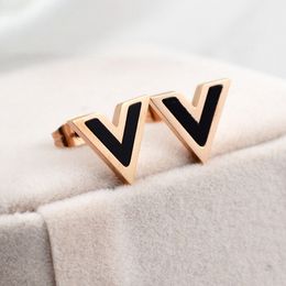 V Letter Studs Earrings for Women Black Rose Gold Fashion Design Titanium Steel Simple Statement Vintage 316L Stainless Steel Jewellery Never Fade Not Allergic