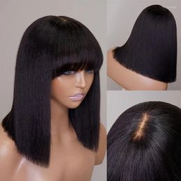 Yaki Bone Straight Lace Wig Beginner Friendly Short Bob Human Hair With Bangs Bleached Knots Brazilian Glueless