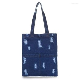 Shopping Bags 30PCS / LOT Women Bag Tote Pouch Hole Female Large Capacity Ripped Pure Colour Shoulder Denim Girl Handbag
