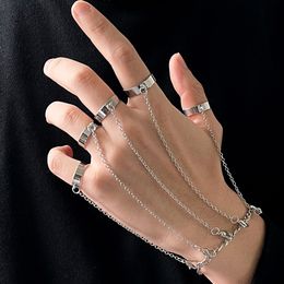 6Sets Punk Chain Wrist Bracelet Rings For Women Men Charm Emo Detachable Ring Fashion Jewelry Gift