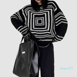 Sweater Deeptown Korean Style Knitted Sweater Women Oversize Geometric Pattern