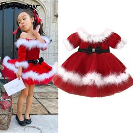 Girl's Prowow 1-7Y Children Christmas Girls es Off Shoulder Belted Red Velvet Kids Fuzzy Plush New Year Winter Baby Dress 0913