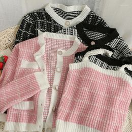 Women's Knits Knitted Plaid Two Piece Set Woman O Neck Vintage Cropped Cardigan Korean Fashion Sweater Backless Cami Tank Top Drop