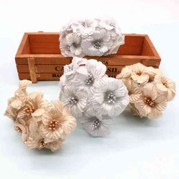Faux Floral Greenery 2019 New 6Pcs Gold Silver Artificial Flowers Bouquet Silk Morning Glory False Flower For Scrapbook Diy Box Wedding Decoration J220906