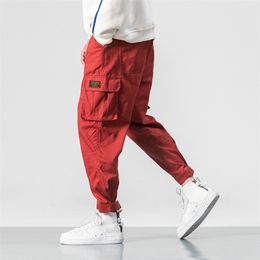 Men's Pants Cotton Men Multi-pocket Elastic Waist Design Harem Pant Street Punk Hip Hop Red Casual Trousers Joggers Male Army Cargo Pants 220914