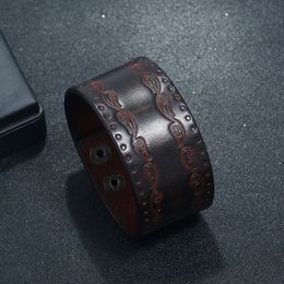 Retro Emboss Floral Leather Bangle Cuff Button Adjustable Bracelet Wristand for men women Fashion jewelry