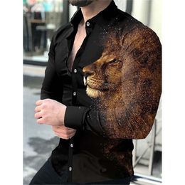 Mens Casual Shirts Fashion Luxury Social Men Turndown Collar Buttoned Shirt Lion Print Long Sleeve Tops Clothing Prom Cardigan 220913