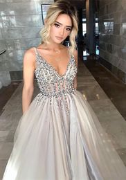 Bling Bling Crystal Evening Prom Dress Deep V neck See Through Bust Backless Crystal Organza A line Cheap Red Carpet Celebrity Dress