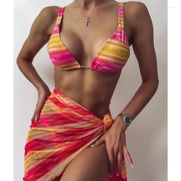 Women's Swimwear Women's Sexy 3 Piece Bikini Set With Cover Up Beach Dress Tie Dye Push Biquini Brazilian Women Thong Bikinis 2022