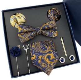Bow Ties Paisley Floral For Men Silk Neck Tie Gold Neckties Pocket Squares Cufflinks Clip Set Wedding Accessories A071