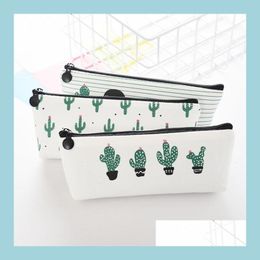 Pencil Bags Fabric Canvas Cactus Pencil Case Cute School Pen Novelty Stationery Office Crayon Box Bag Kawaii Supplies Drop Delivery 2 Dhyj2