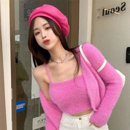 Women's Knits Tees Sweet Faux Mink Knitting Suits For Women Spring Autumn High Street Crop Long Sleeve Cardigans Camisole Harajuku Sweater Set 220914