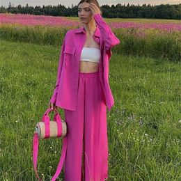 Women's Two Piece Pants Clacive Casual Loose Pink Women Sets Fashion Long Sleeve Shirts High Waist Pants Two Piece Set Elegant Straight Trousers Suit 220913