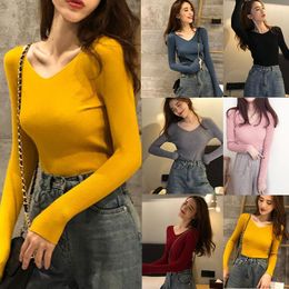 Women's T Shirts Women's T-Shirt Fashion V-Neck Knitted Long-Sleeve Slim Bottoming Shirt Slimming Sweater Top One Size