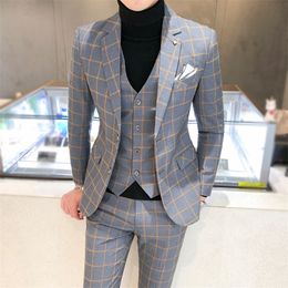Men's Suits Blazers Men Dress Pants Vest 3 Piece Set Male Wedding Autumn Business Formal Plaid Suit Luxury Slim Fit Coat Trousers 220915