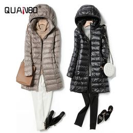 Women's Down Parkas Women Down Jacket Ultralight Thin Packable Down Long Jacket Female Hat Detachable Slim Fit Skirt Coat Portable Outwear 220913