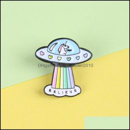 Pins Brooches Cartoon Pin Spaceship Metal Enamel Brooch Fashion Rainbow Ufo Badge Trendy Lapel Backpack Jewellery Drop Delivery 2021 Dh Dhnjq