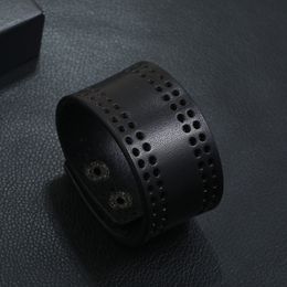 Black Hollow Leather Bangle Cuff Button Adjustable Bracelet Wristand for men women Fashion Jewellery