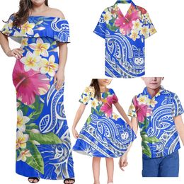 Family Matching Outfits HYCOOL 4pcs Polynesian Tribal Family Clothing Sets Royal Blue Floral Mom And Me Outfits Father And Son Shirt Matching Outfit 220914