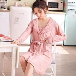 Women's Sleepwear 2PCS Sexy Long Sleeve Cotton Kimono Robes Sets Nightgowns For Women 2022 Autumn Suit Night Dress Bathrobe Nighty