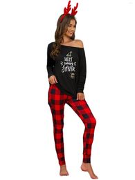 Women's Two Piece Pants Women's Sleep Top Christmas Suit Round Collar Letters Plaid Print Loose Elastic Home Clothes