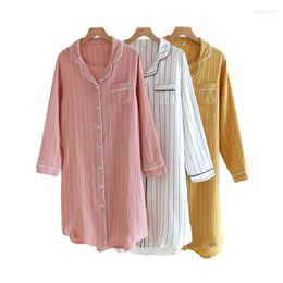 Women's Sleepwear Long-sleeved Women's Nightgown Plus Size Cotton Mid-length Striped Shirt Night Dress With Button Women Home Nightdress