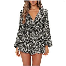 Casual Dresses For Women 2022 Floral Beach Jumpsuits Deep V-neck Long Sleeve Bandage Knot Ruffle Hem Rompers Vestidos Robe Femme