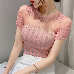 Women's Knits Tees Sexy Hollow Out Drills Summer Short Sleeve Sweater-Shirt Cultivate One'S Morality Ice Silk Blouse Thin Female Knit Net Yarn 220914