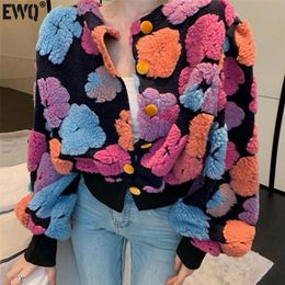 Women's Knits Tees EWQ Autumn Three-dimensional Flower Bubble Sleeve O Neck Plush Cardigan Short Warm Coat Tops Women Red Clothing R172 220915