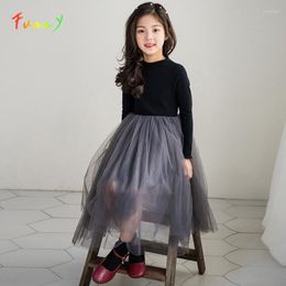 Girl Dresses Spring 2022 Teen Patch Mesh Dress Midi Long Sleeve Princess For Girls Clothes Black Party Birthday 4 To 14T