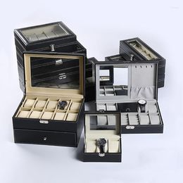 Watch Boxes 3/6/10/20 Slots Black Box Portable Travel Leather Display Case Organizer Glass Jewelry Storage Large Holder