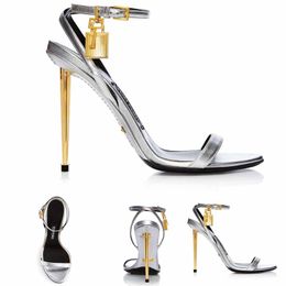 Splitter Ledersandalen Frauen High Heels Sandale Schuhe Tom- Padlock Hochzeitskleid Gold Heels Knöchelriemen Gold-Schloss und Schlüssel 35-43 Box